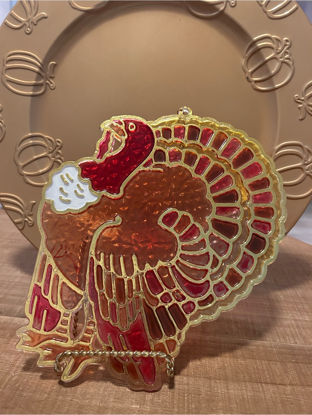 Vintage Plastic Thanksgiving Turkey Suncatcher Window 9” Decor
